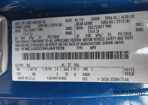 2019 Ford Escape Se из США, поврежденный, VIN 1FMCU0GD5KUA91039